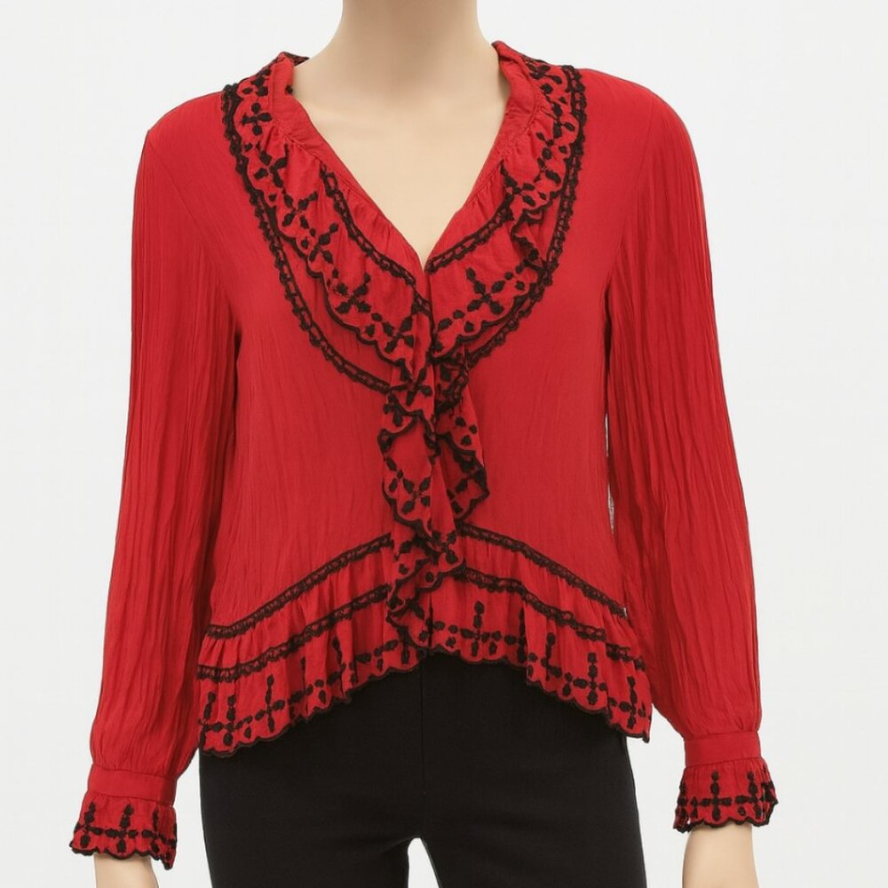 NY Collection Shirt Womens Large Petite Red Black Ruffle Button Up Boho Cottage
